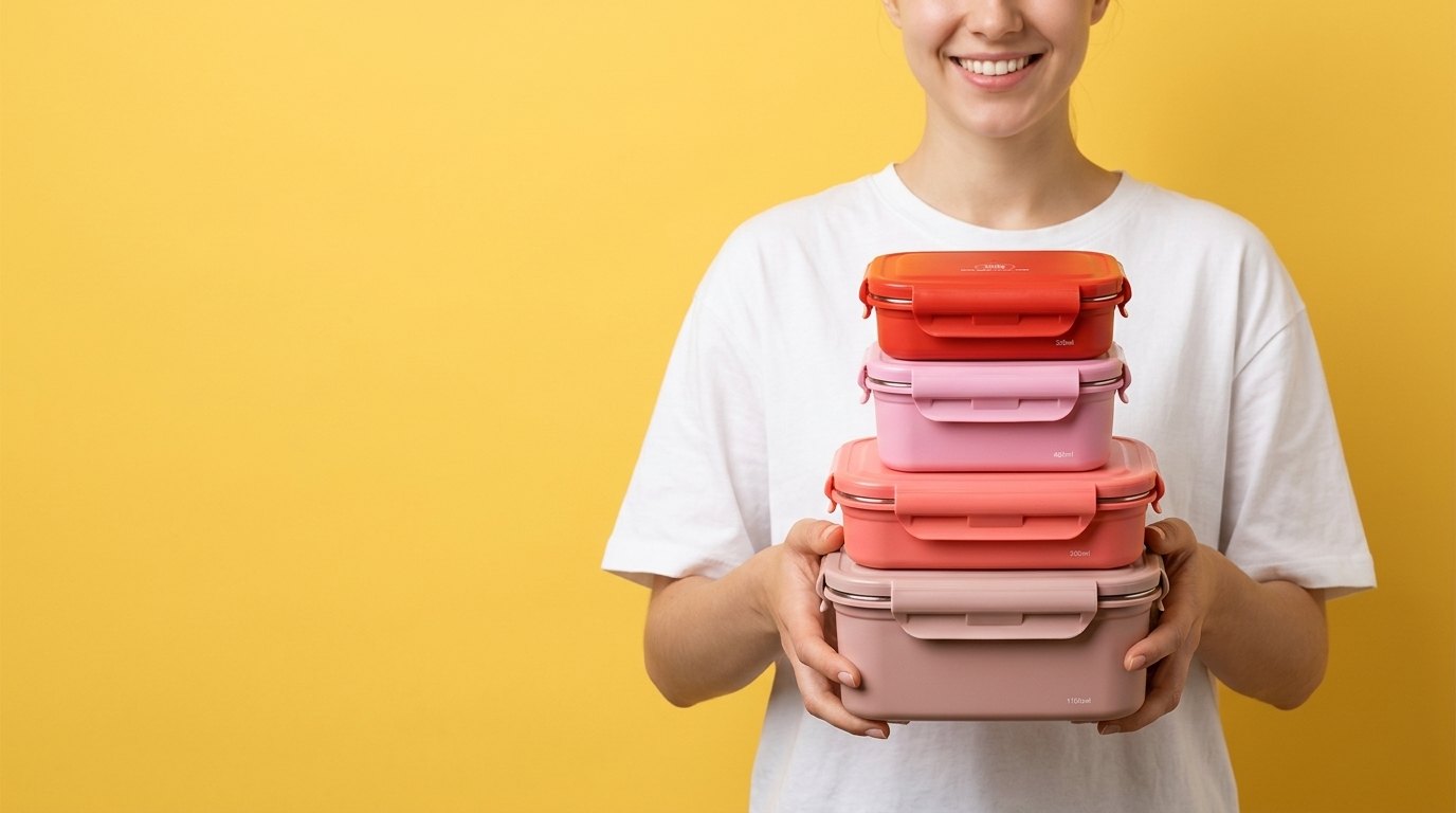 A stack of KEEPER TEN stainless lunchboxes in coral and pink