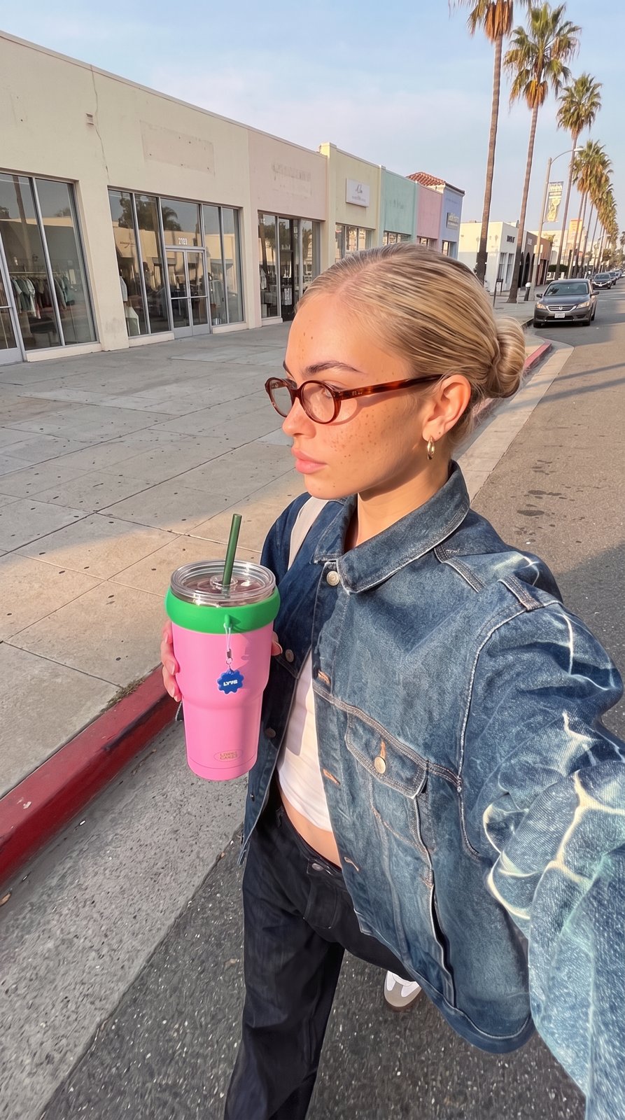 KEEPER TUM pink holder with an iced coffee, LA street